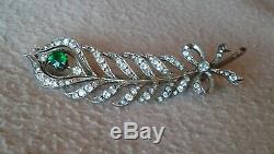 Antique Art Nouveau 900 Silver Diamond Paste Green Garnet Brooch Peacock Feather