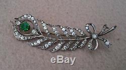 Antique Art Nouveau 900 Silver Diamond Paste Green Garnet Brooch Peacock Feather