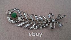 Antique Art Nouveau 900 Silver Diamond Paste Green Garnet Brooch Peacock Feather