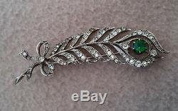 Antique Art Nouveau 900 Silver Diamond Paste Green Garnet Brooch Peacock Feather