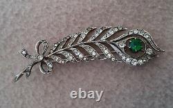 Antique Art Nouveau 900 Silver Diamond Paste Green Garnet Brooch Peacock Feather