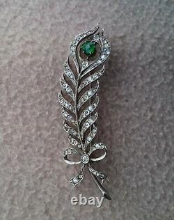 Antique Art Nouveau 900 Silver Diamond Paste Green Garnet Brooch Peacock Feather