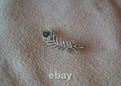 Antique Art Nouveau 900 Silver Diamond Paste Green Garnet Brooch Peacock Feather