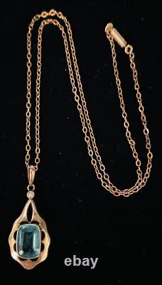 Antique Art Nouveau 9ct Gold Green Paste and Pearl Pendant with 9ct Gold Chain