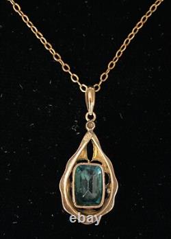 Antique Art Nouveau 9ct Gold Green Paste and Pearl Pendant with 9ct Gold Chain