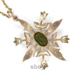 Antique Art Nouveau 9ct Gold Pendant Peridot & Pearl Starburst Pendant & Chain