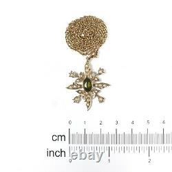 Antique Art Nouveau 9ct Gold Pendant Peridot & Pearl Starburst Pendant & Chain