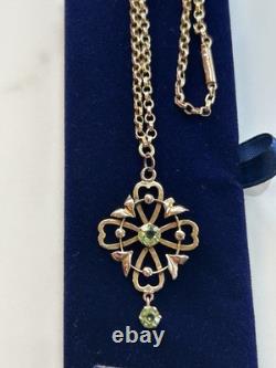 Antique Art Nouveau 9ct Gold Peridot Pendant With Antique 9ct Gold Guard Chain