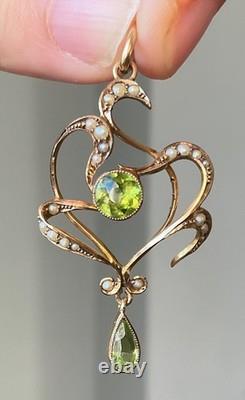 Antique Art Nouveau 9ct Gold Seed Pearl Peridot Green Pendant Grass Botanical