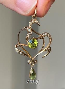 Antique Art Nouveau 9ct Gold Seed Pearl Peridot Green Pendant Grass Botanical