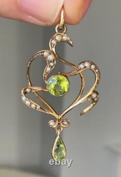 Antique Art Nouveau 9ct Gold Seed Pearl Peridot Green Pendant Grass Botanical