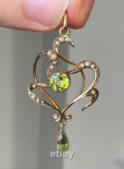 Antique Art Nouveau 9ct Gold Seed Pearl Peridot Green Pendant Grass Botanical