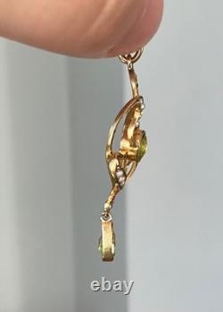 Antique Art Nouveau 9ct Gold Seed Pearl Peridot Green Pendant Grass Botanical