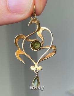 Antique Art Nouveau 9ct Gold Seed Pearl Peridot Green Pendant Grass Botanical