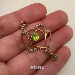 Antique Art Nouveau 9ct Gold Seed Pearl Peridot Green Pendant Grass Botanical