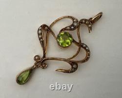 Antique Art Nouveau 9ct Gold Seed Pearl Peridot Green Pendant Grass Botanical