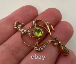 Antique Art Nouveau 9ct Gold Seed Pearl Peridot Green Pendant Grass Botanical
