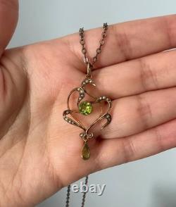 Antique Art Nouveau 9ct Gold Seed Pearl Peridot Green Pendant Grass Botanical