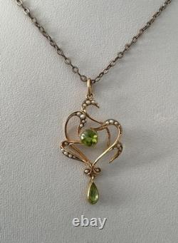 Antique Art Nouveau 9ct Gold Seed Pearl Peridot Green Pendant Grass Botanical