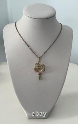 Antique Art Nouveau 9ct Gold Seed Pearl Peridot Green Pendant Grass Botanical