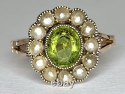 Antique Art Nouveau 9ct Rose Gold Green Glass Pearl Oval Flower Cluster Ring'L