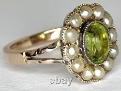 Antique Art Nouveau 9ct Rose Gold Green Glass Pearl Oval Flower Cluster Ring'L