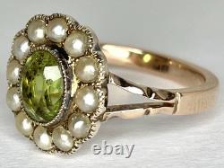 Antique Art Nouveau 9ct Rose Gold Green Glass Pearl Oval Flower Cluster Ring'L