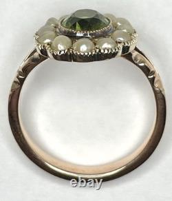 Antique Art Nouveau 9ct Rose Gold Green Glass Pearl Oval Flower Cluster Ring'L
