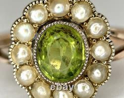 Antique Art Nouveau 9ct Rose Gold Green Glass Pearl Oval Flower Cluster Ring'L
