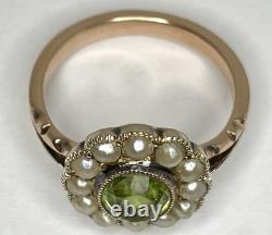 Antique Art Nouveau 9ct Rose Gold Green Glass Pearl Oval Flower Cluster Ring'L