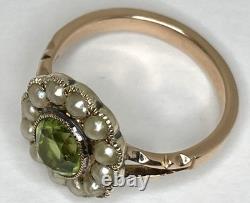 Antique Art Nouveau 9ct Rose Gold Green Glass Pearl Oval Flower Cluster Ring'L