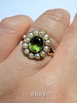 Antique Art Nouveau 9ct Rose Gold Green Glass Pearl Oval Flower Cluster Ring'L