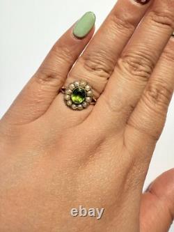 Antique Art Nouveau 9ct Rose Gold Green Glass Pearl Oval Flower Cluster Ring'L