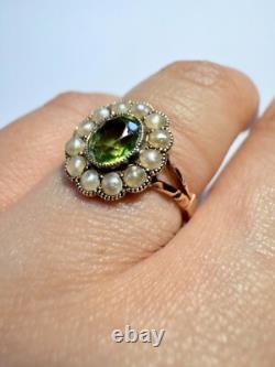 Antique Art Nouveau 9ct Rose Gold Green Glass Pearl Oval Flower Cluster Ring'L