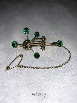 Antique Art Nouveau 9ct Seed Pearl & Green Stone Brooch Moon & Shooting Stars