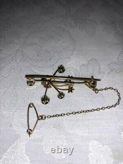 Antique Art Nouveau 9ct Seed Pearl & Green Stone Brooch Moon & Shooting Stars