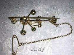 Antique Art Nouveau 9ct Seed Pearl & Green Stone Brooch Moon & Shooting Stars