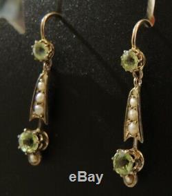 Antique Art Nouveau 9ct gold Peridot & Seed Pearl Drop Earrings c1900