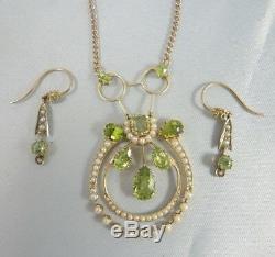 Antique Art Nouveau 9ct gold Peridot and Seed Pearl Necklace & Earrings