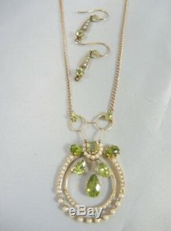 Antique Art Nouveau 9ct gold Peridot and Seed Pearl Necklace & Earrings