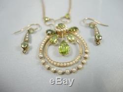 Antique Art Nouveau 9ct gold Peridot and Seed Pearl Necklace & Earrings