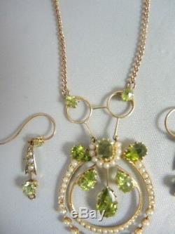 Antique Art Nouveau 9ct gold Peridot and Seed Pearl Necklace & Earrings