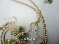 Antique Art Nouveau 9ct gold Peridot and Seed Pearl Necklace & Earrings