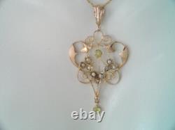 Antique Art Nouveau 9k Gold Seed Pearl & Green Peridot Lavalier Pendant