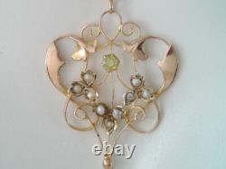 Antique Art Nouveau 9k Gold Seed Pearl & Green Peridot Lavalier Pendant
