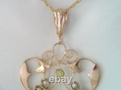 Antique Art Nouveau 9k Gold Seed Pearl & Green Peridot Lavalier Pendant