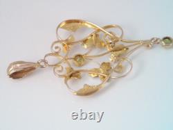 Antique Art Nouveau 9k Gold Seed Pearl & Green Peridot Lavalier Pendant