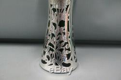 Antique Art Nouveau Alvin Large Green Glass with Sterling Silver Overlay 14 Vase