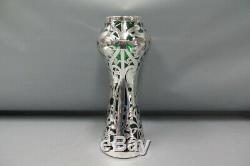 Antique Art Nouveau Alvin Large Green Glass with Sterling Silver Overlay 14 Vase