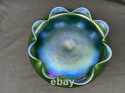 Antique Art Nouveau Art Glass Bowl Green Iridescent, 9